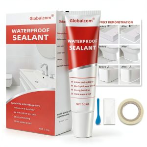 Globalcom Advanced Silicone Caulk for Kitchen & Bathroom - 100% Waterproof Silicone Sealant for Interior and Exterior Use, Stronger Adhesion, Shrink & Crack Proof - 5.3 oz White-0